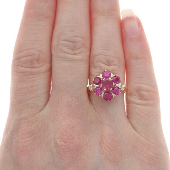 Yellow Gold Lab-Created Ruby Vintage Cluster Cocktail Ring 10k Rd 3.09ctw Flower - Picture 2 of 6